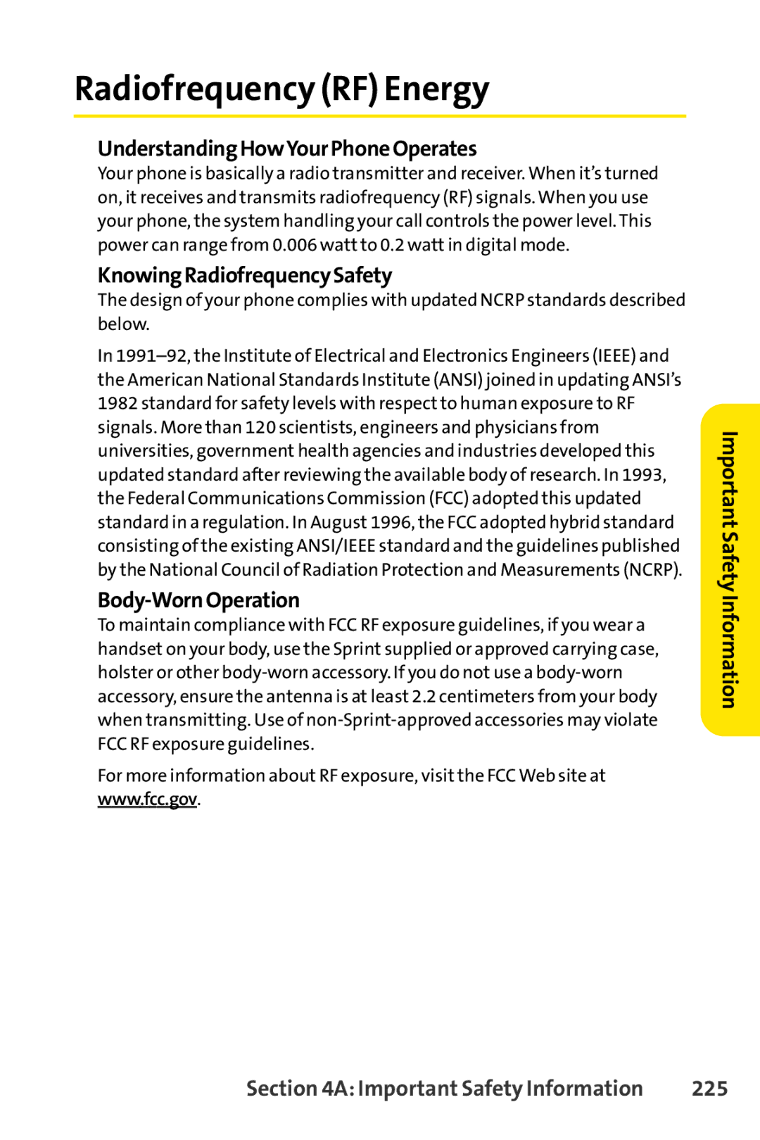 Sprint Nextel SCP-7000 manual Radiofrequency RF Energy, UnderstandingHowYourPhoneOperates, KnowingRadiofrequencySafety, 225 