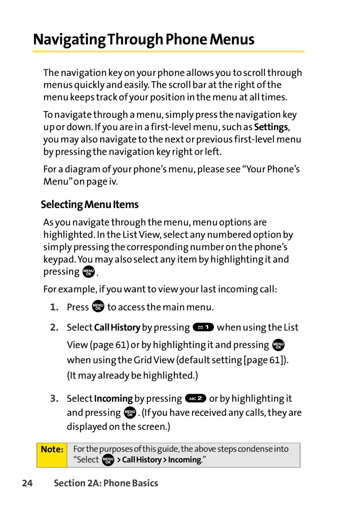 Sprint Nextel SCP-7000 manual NavigatingThrough Phone Menus, SelectingMenuItems 