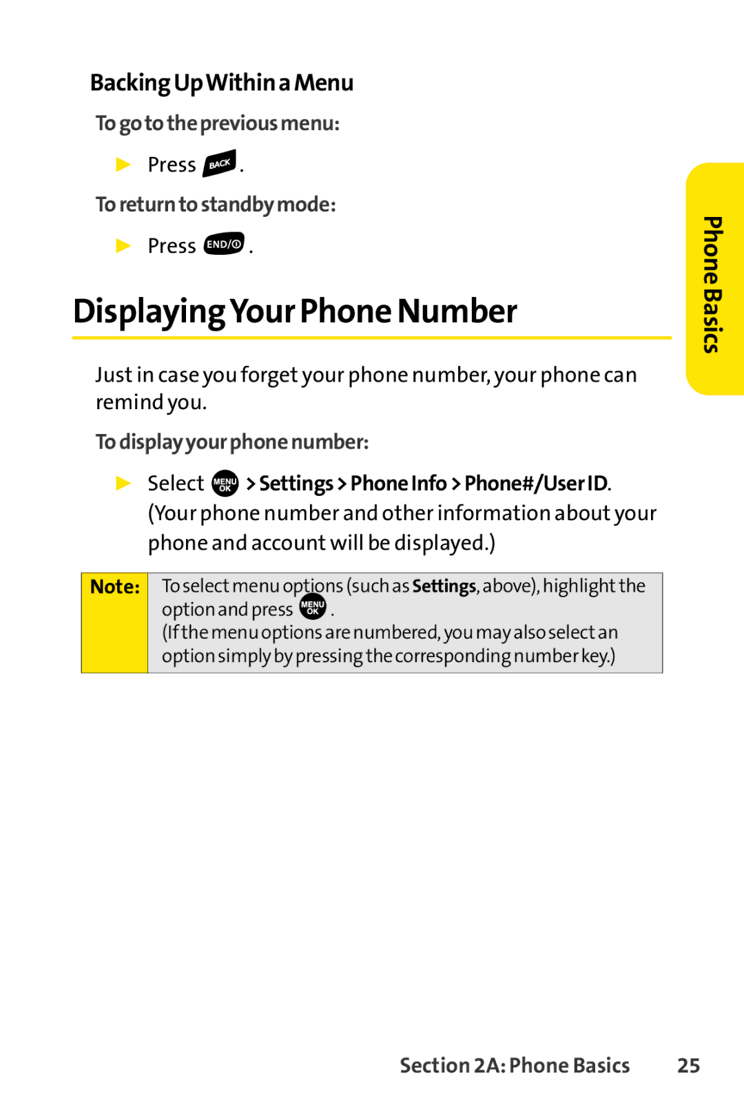 Sprint Nextel SCP-7000 DisplayingYour Phone Number, BackingUpWithinaMenu, Togotothepreviousmenu, Toreturntostandbymode 