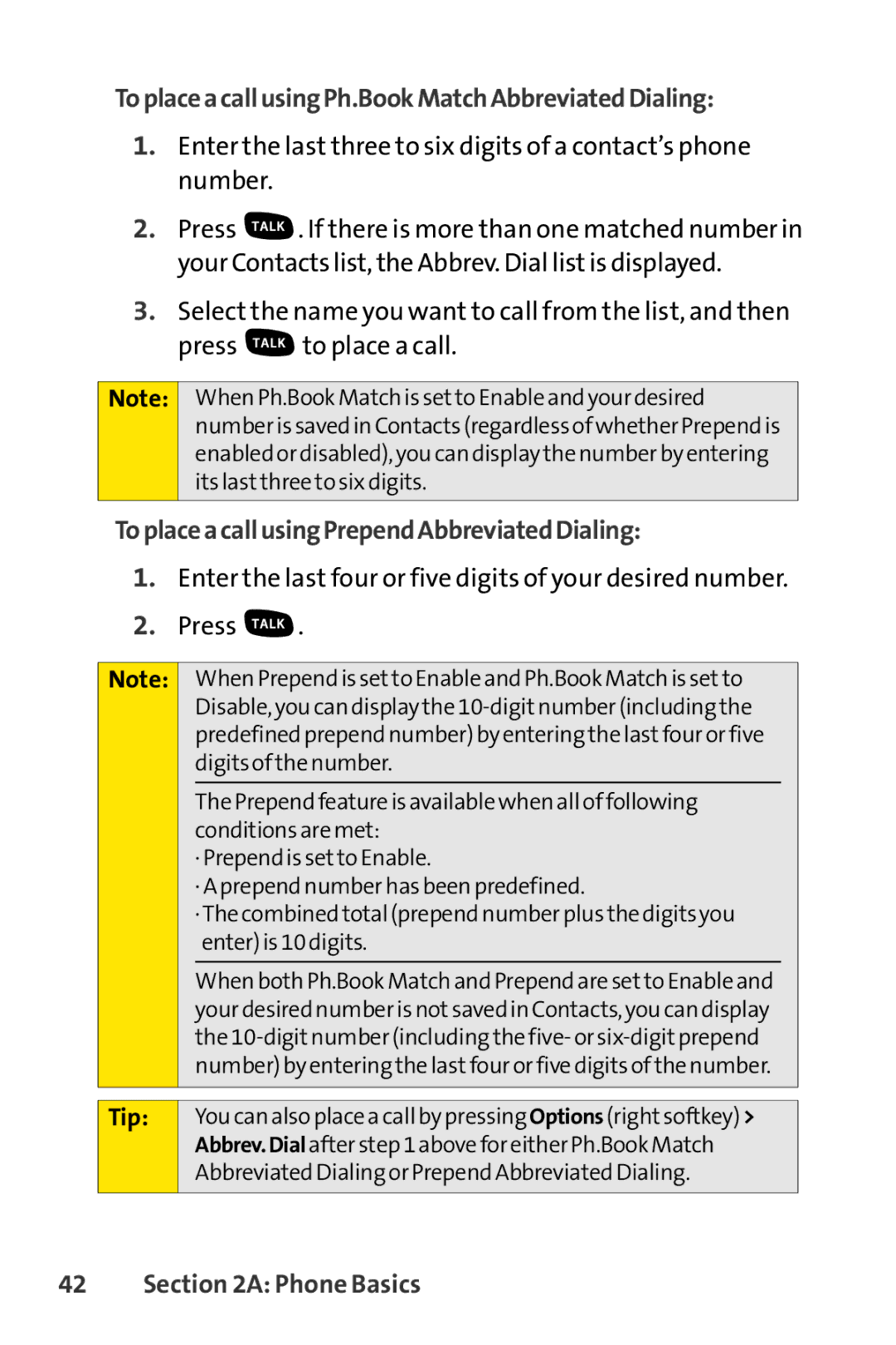 Sprint Nextel SCP-7000 manual ToplaceacallusingPh.BookMatchAbbreviatedDialing, ToplaceacallusingPrependAbbreviatedDialing 