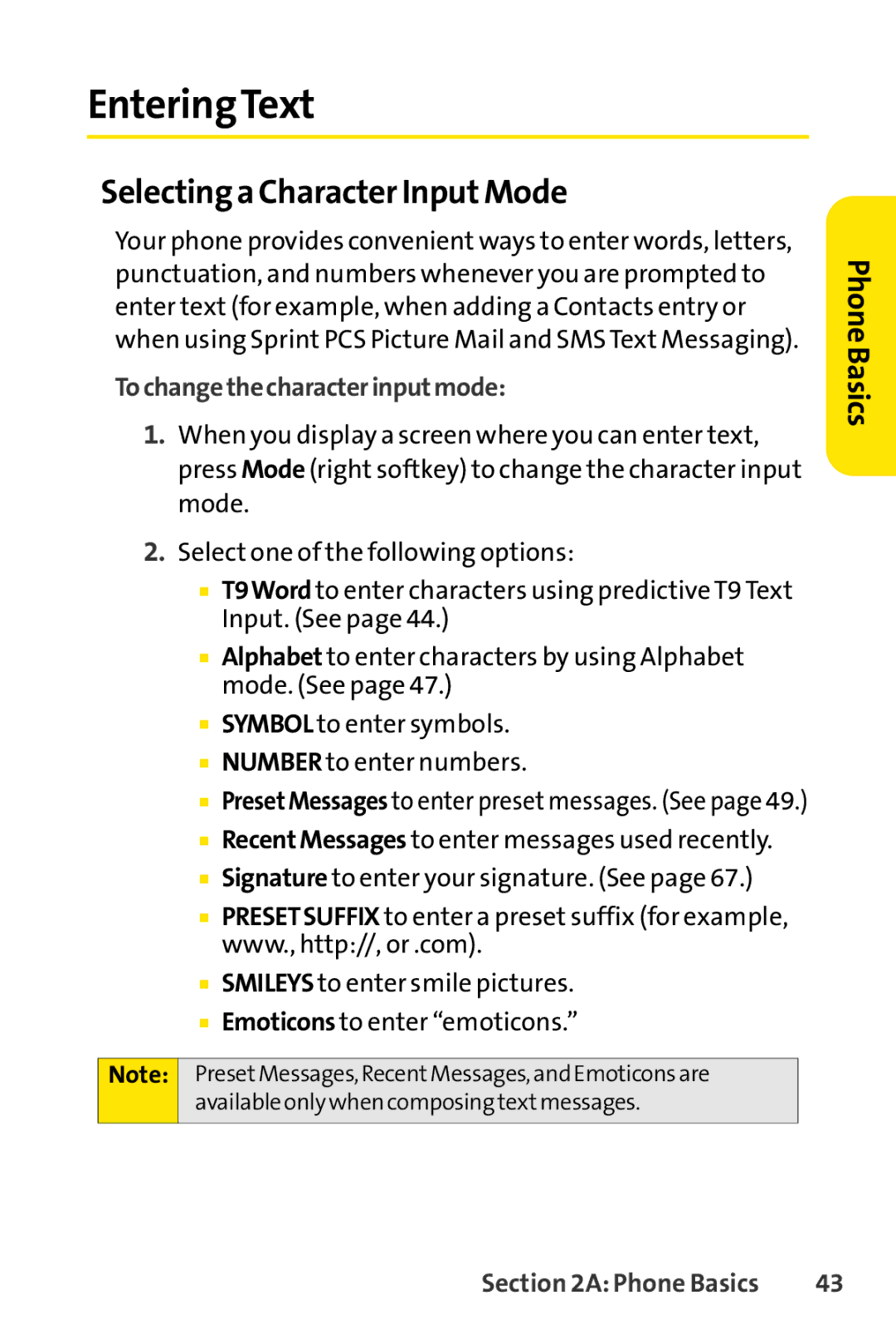 Sprint Nextel SCP-7000 manual EnteringText, Selecting a Character InputMode, Tochangethecharacterinputmode 