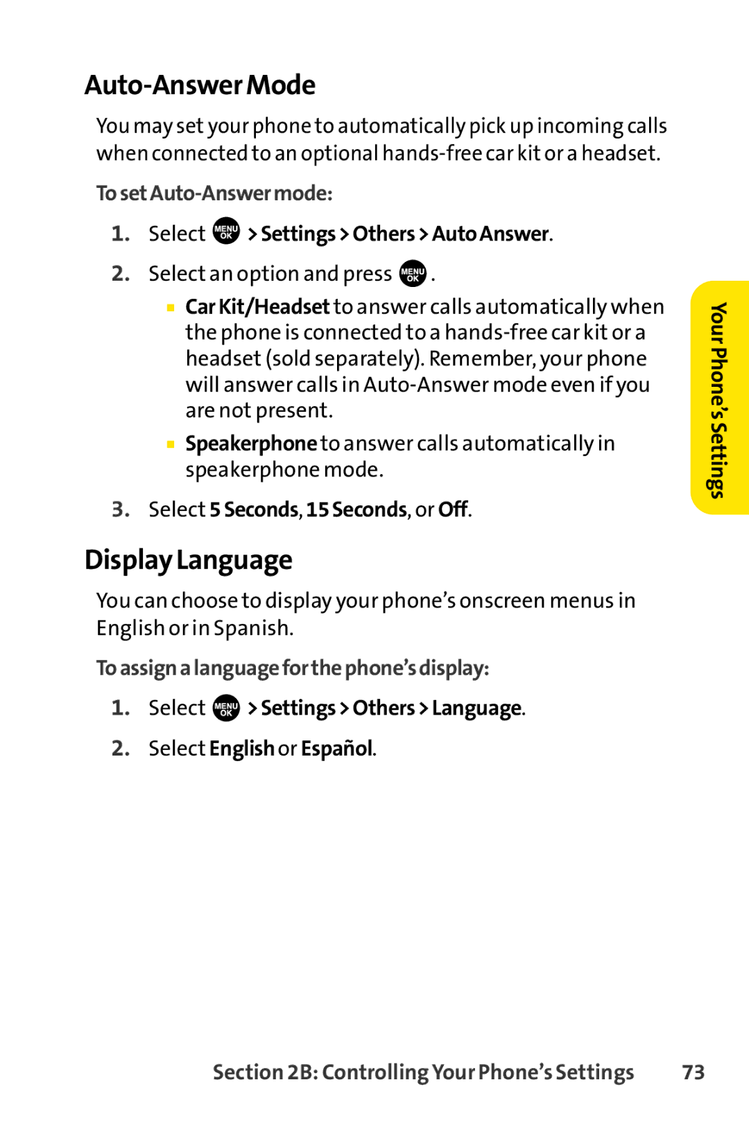 Sprint Nextel SCP-7000 Auto-Answer Mode, Display Language, TosetAuto-Answermode, Toassignalanguageforthephone’sdisplay 