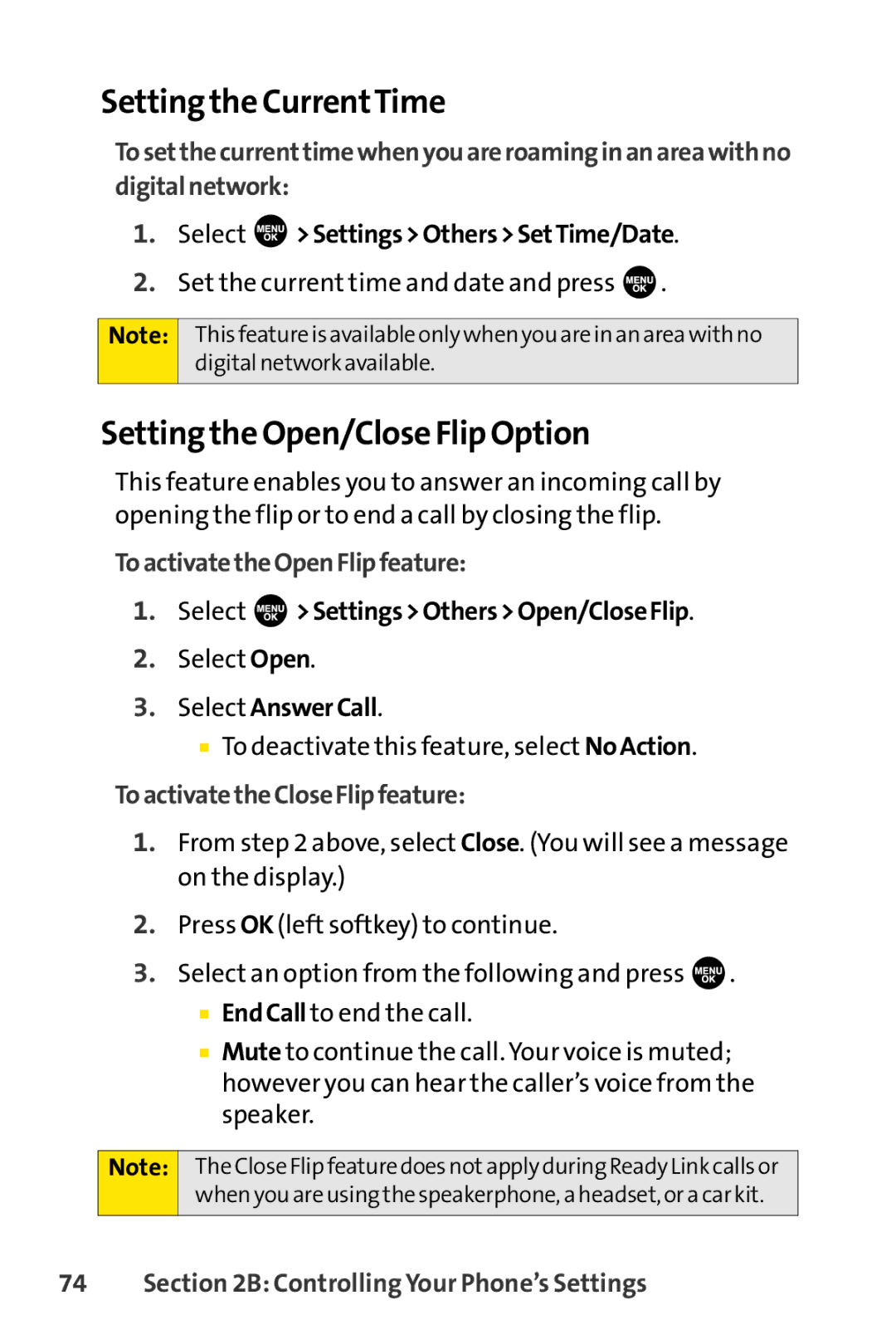 Sprint Nextel SCP-7000 manual Setting the CurrentTime, Setting the Open/Close Flip Option, ToactivatetheOpenFlipfeature 