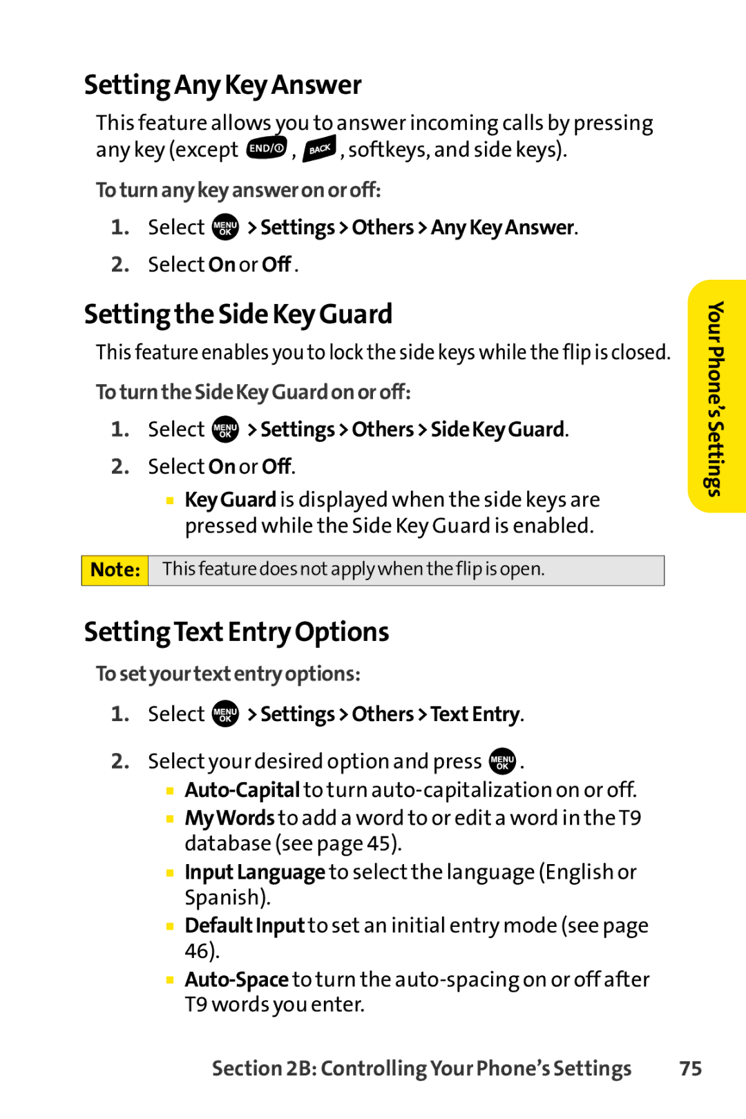 Sprint Nextel SCP-7000 manual Setting Any Key Answer, Setting the Side Key Guard, SettingTextEntry Options 