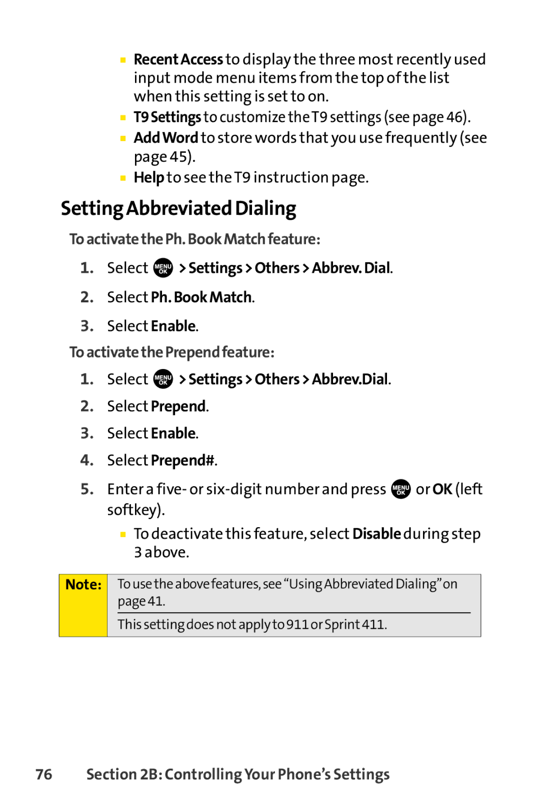 Sprint Nextel SCP-7000 manual Setting Abbreviated Dialing, ToactivatethePh.BookMatchfeature, ToactivatethePrependfeature 