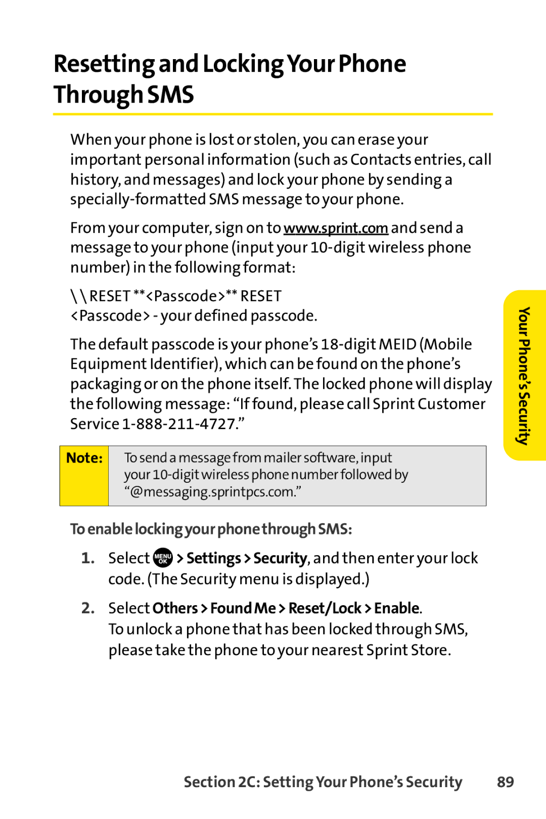 Sprint Nextel SCP-7050 manual Resetting and LockingYour Phone Through SMS, ToenablelockingyourphonethroughSMS 