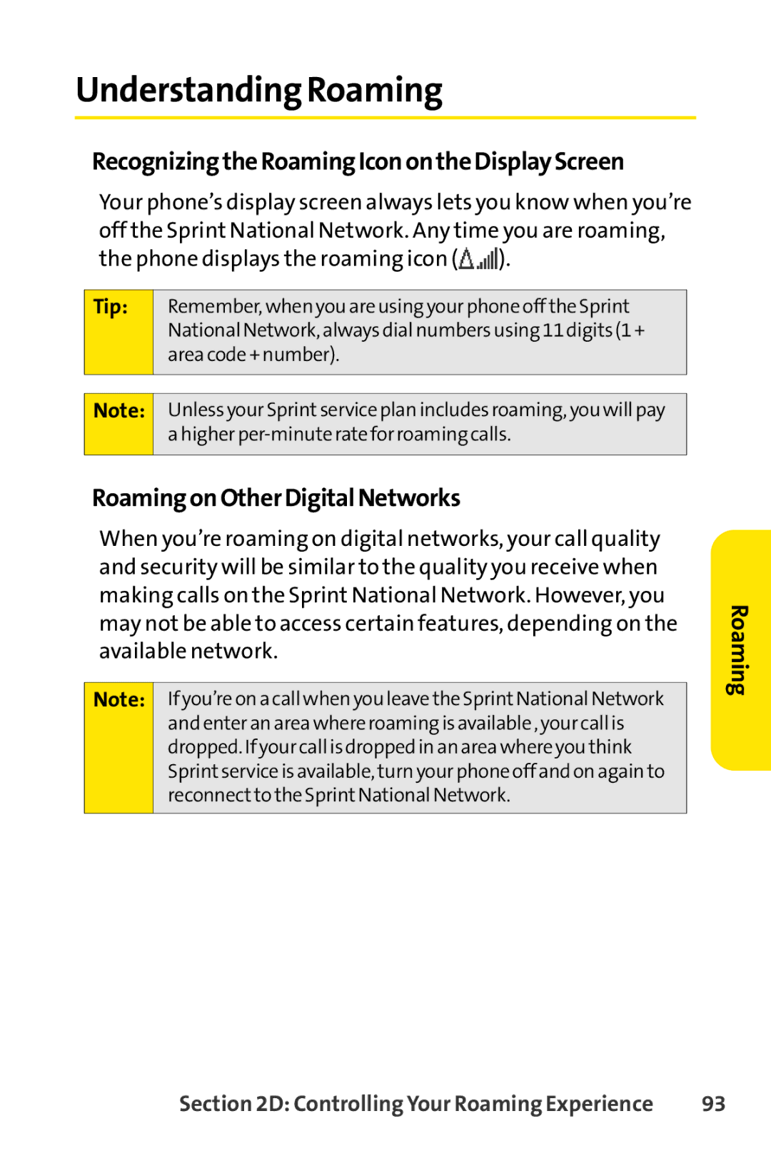 Sprint Nextel SCP-7050 Understanding Roaming, RecognizingtheRoamingIconontheDisplayScreen, RoamingonOtherDigitalNetworks 