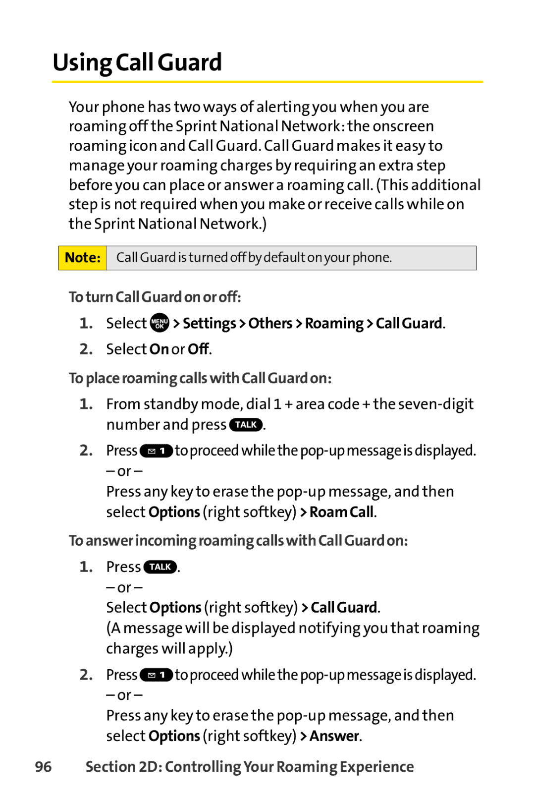 Sprint Nextel SCP-7050 manual Using Call Guard, ToturnCallGuardonoroff, Select SettingsOthersRoamingCallGuard 