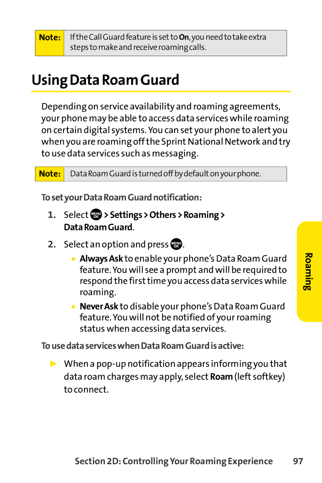 Sprint Nextel SCP-7050 manual Using Data Roam Guard, TosetyourDataRoamGuardnotification 