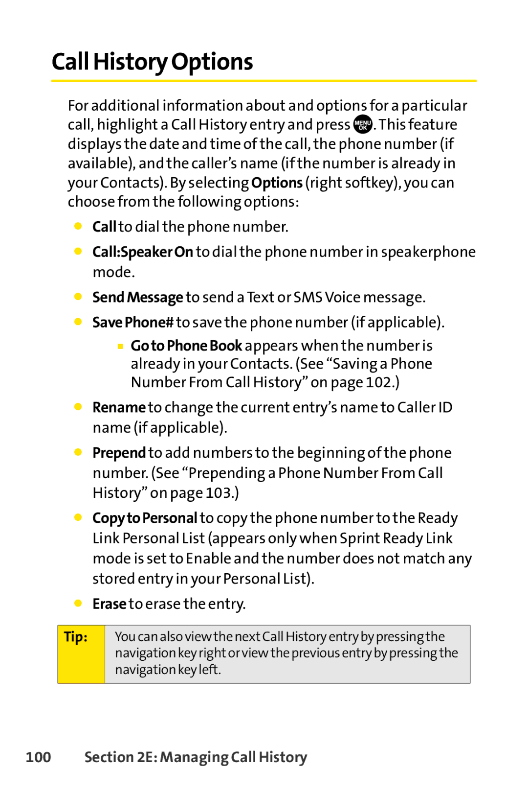 Sprint Nextel SCP-7050 manual Call History Options, Tip 