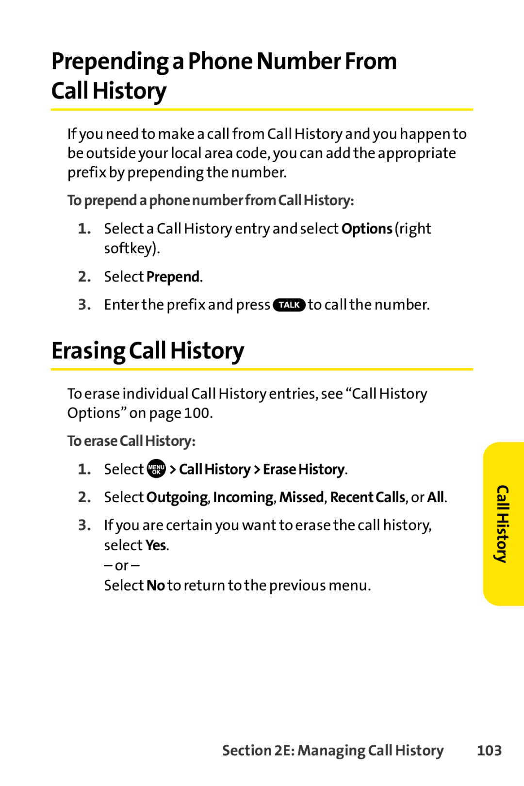 Sprint Nextel SCP-7050 manual Prepending a Phone NumberFrom Call History, ErasingCall History, ToeraseCallHistory, 103 