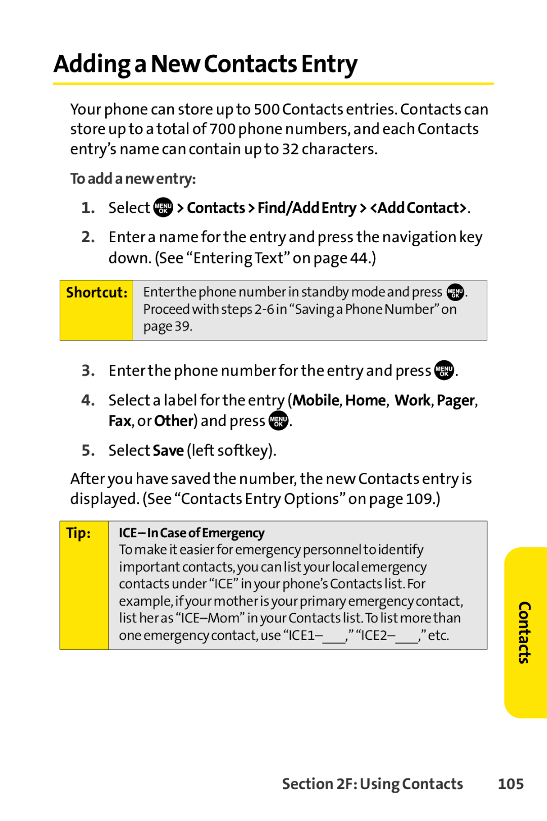 Sprint Nextel SCP-7050 manual Addinga New Contacts Entry, Toaddanewentry, Select ContactsFind/AddEntryAddContact, 105 