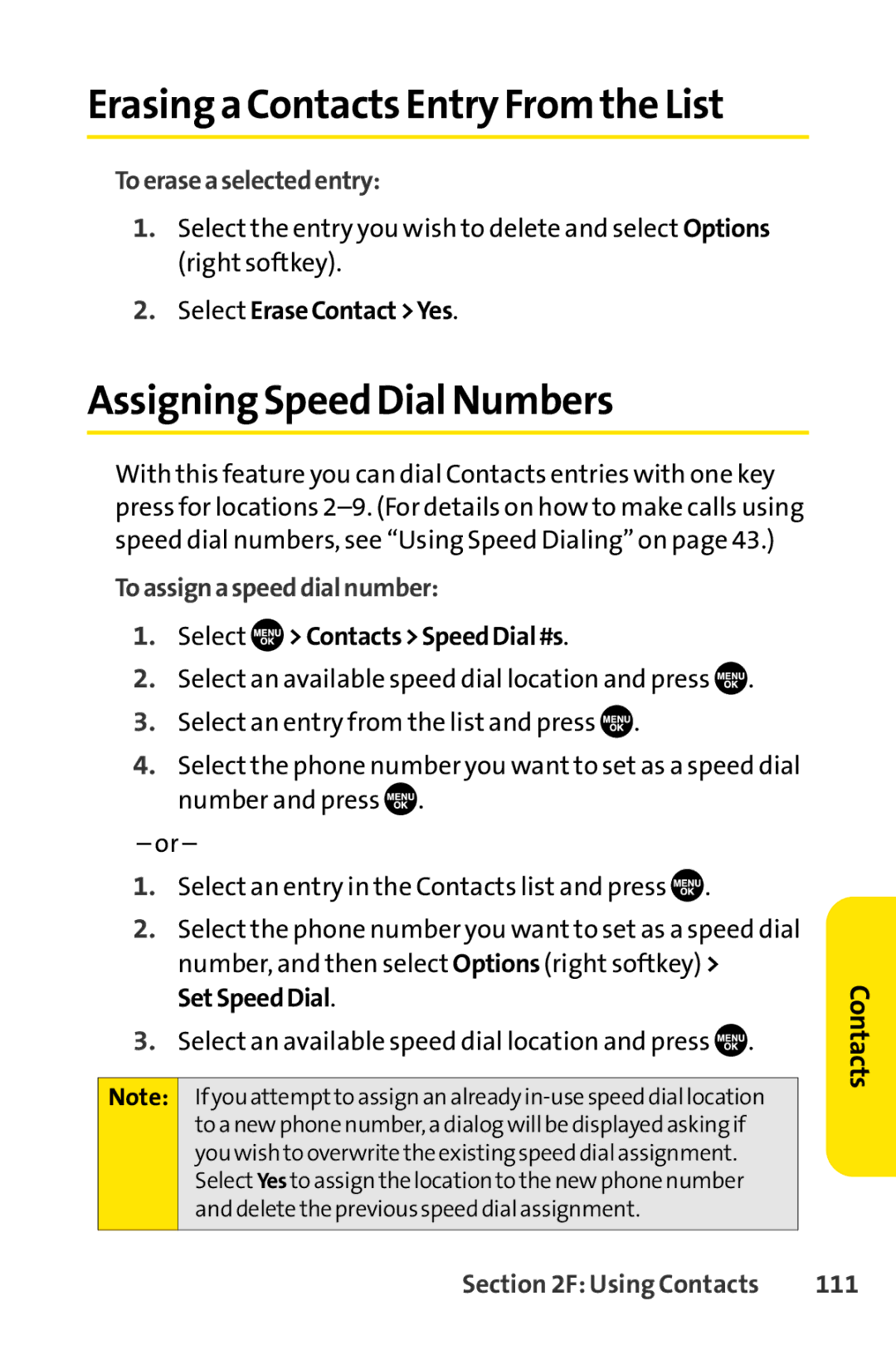 Sprint Nextel SCP-7050 manual AssigningSpeed Dial Numbers, Toeraseaselectedentry, Select EraseContactYes, 111 