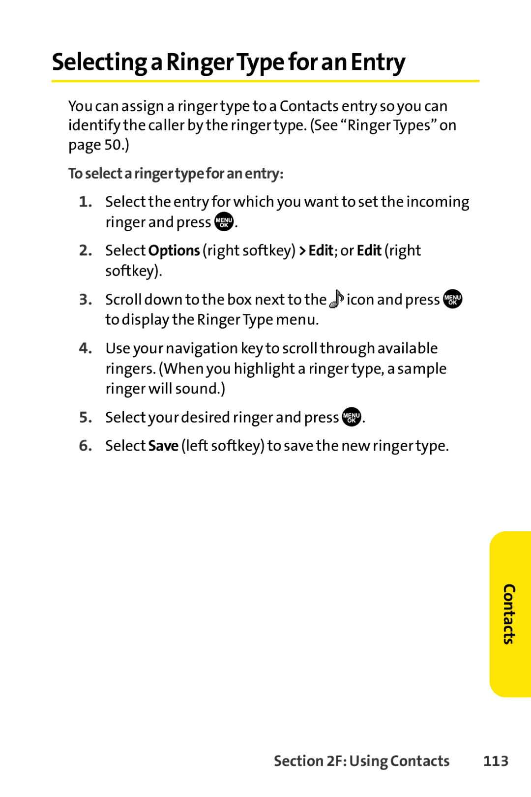 Sprint Nextel SCP-7050 manual Selecting a RingerType for an Entry, Toselectaringertypeforanentry, 113 