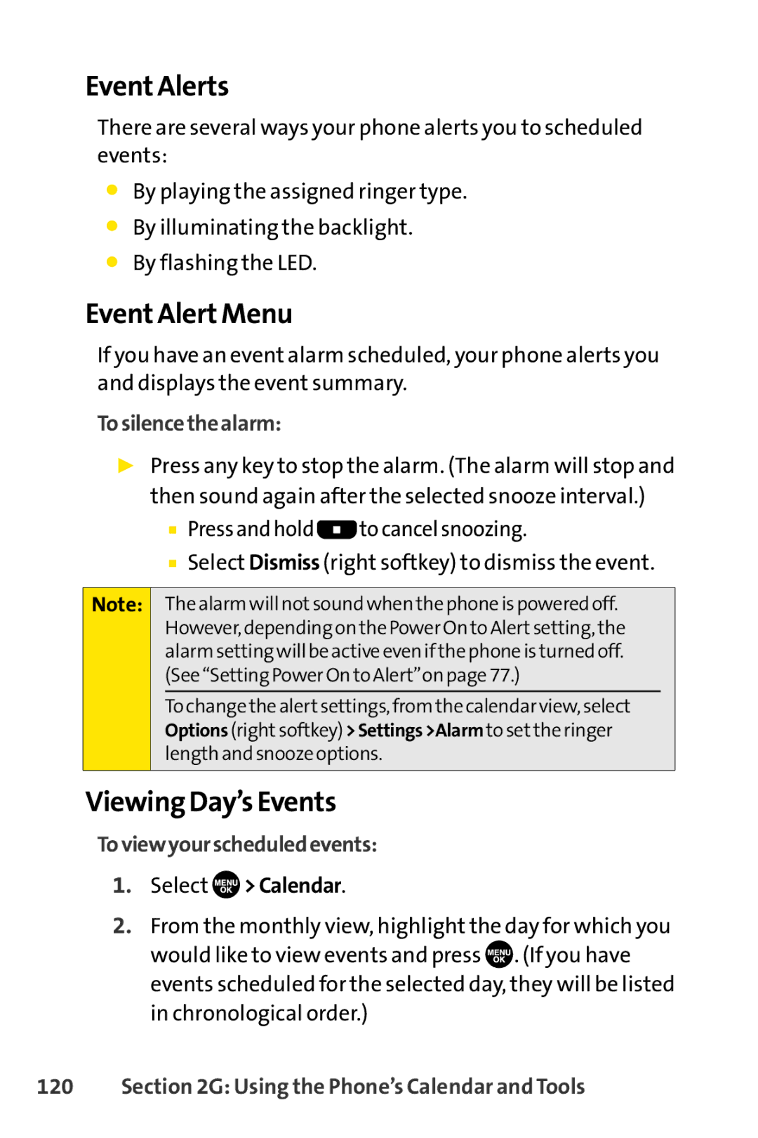 Sprint Nextel SCP-7050 Event Alerts, Event Alert Menu, Viewing Day’s Events, Tosilencethealarm, Toviewyourscheduledevents 