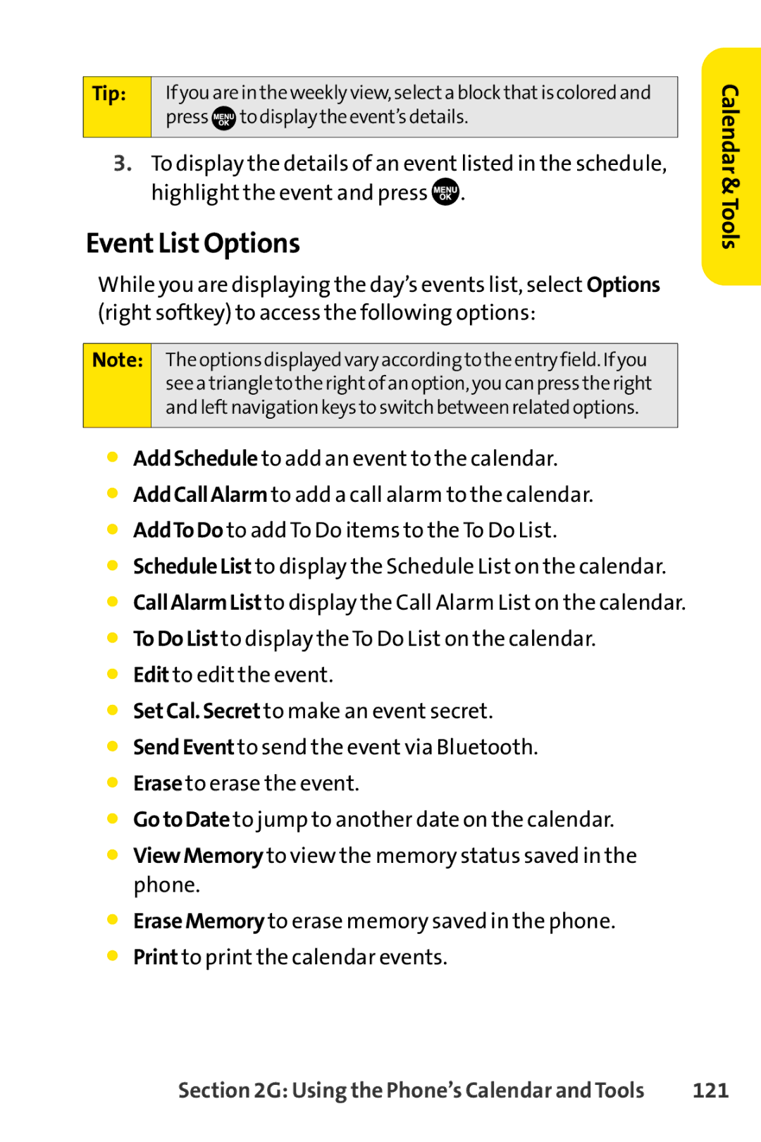 Sprint Nextel SCP-7050 manual Event List Options, 121 