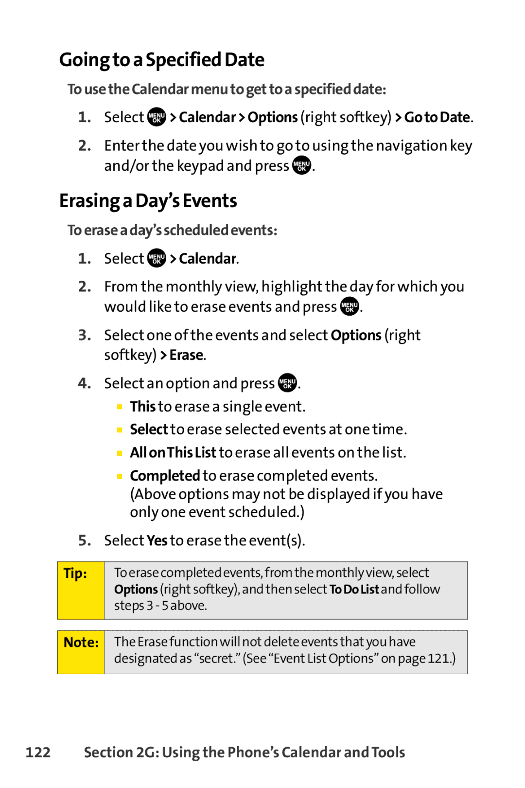 Sprint Nextel SCP-7050 manual Going to a Specified Date, Erasing a Day’s Events, TousetheCalendarmenutogettoaspecifieddate 