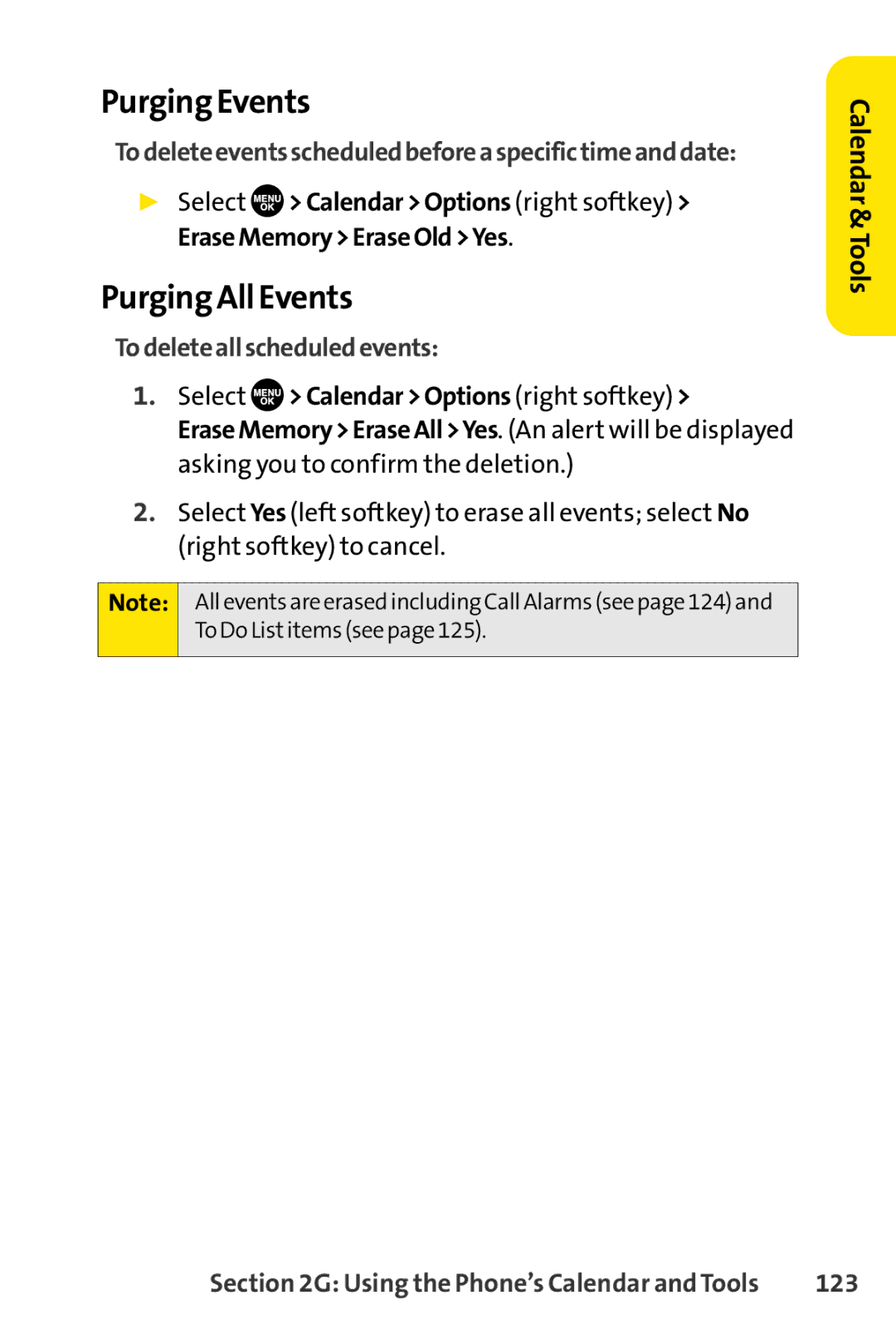 Sprint Nextel SCP-7050 manual Purging Events, Purging All Events, Todeleteeventsscheduledbeforeaspecifictimeanddate, 123 