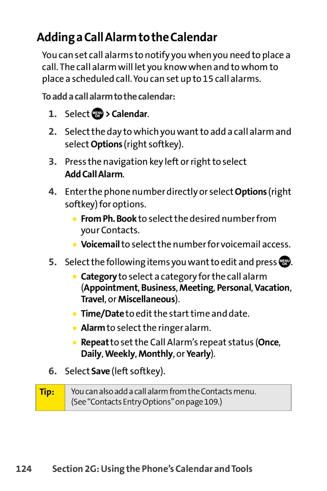 Sprint Nextel SCP-7050 manual Adding a Call Alarm to the Calendar, Toaddacallalarmtothecalendar 