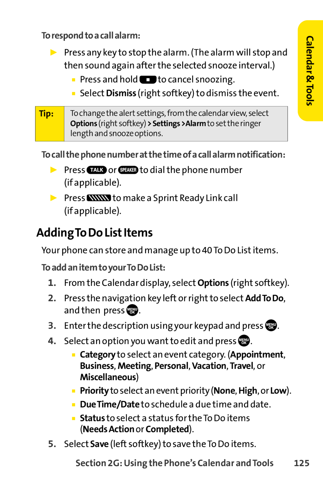 Sprint Nextel SCP-7050 AddingTo Do ListItems, Torespondtoacallalarm, Tocallthephonenumberatthetimeofacallalarmnotification 