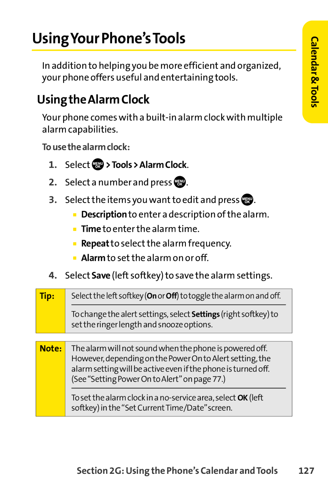 Sprint Nextel SCP-7050 UsingYour Phone’sTools, Using the Alarm Clock, Tousethealarmclock, Select ToolsAlarmClock, 127 