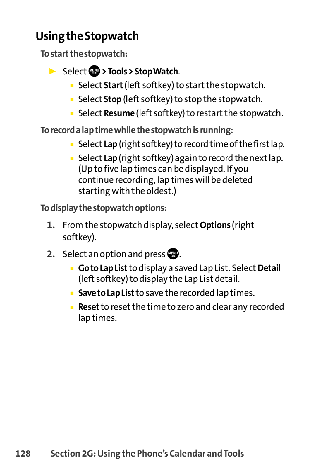 Sprint Nextel SCP-7050 manual Using the Stopwatch, Tostartthestopwatch, Select ToolsStopWatch, Todisplaythestopwatchoptions 