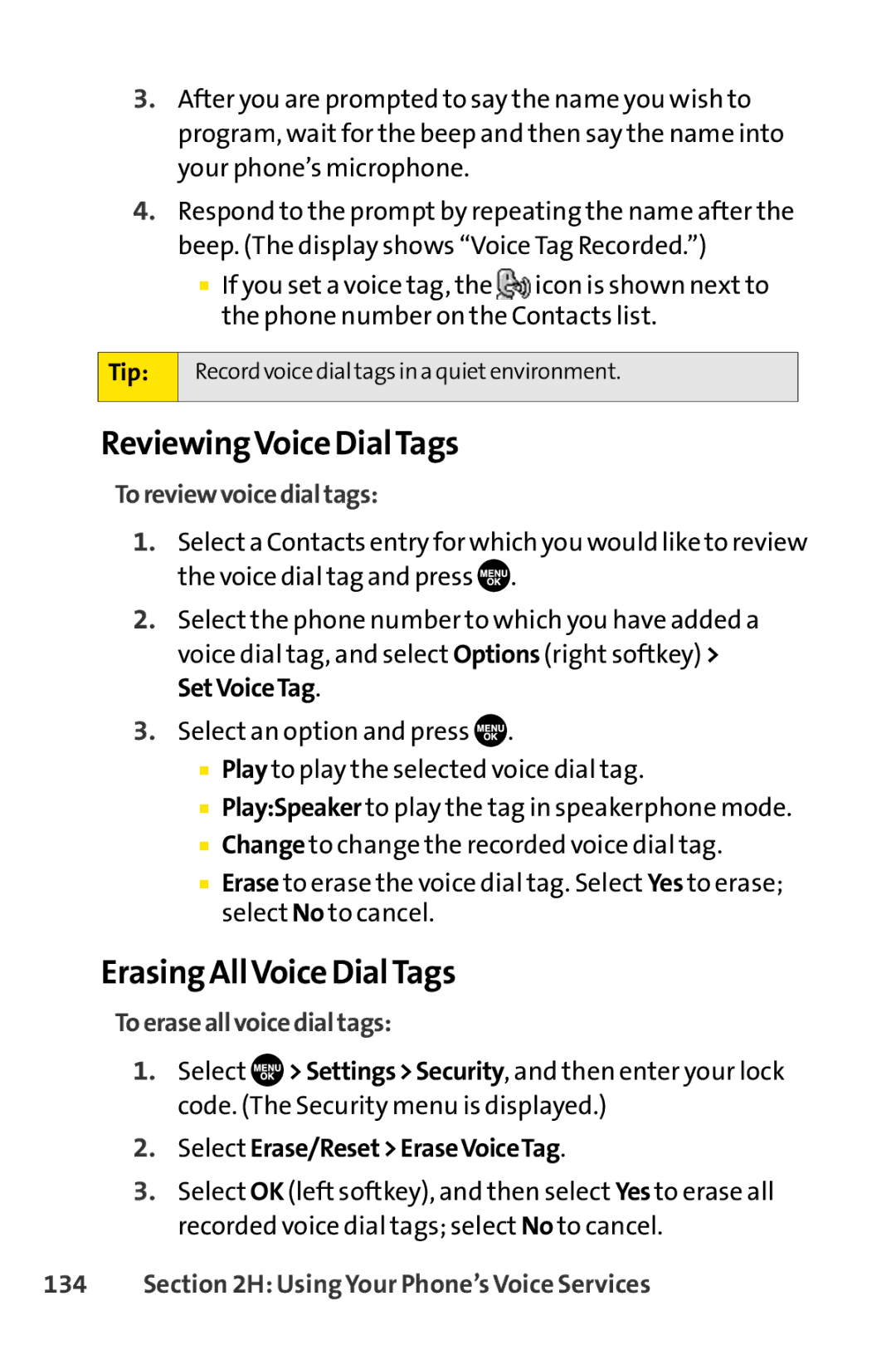 Sprint Nextel SCP-7050 ReviewingVoice DialTags, Erasing AllVoice DialTags, Toreviewvoicedialtags, Toeraseallvoicedialtags 