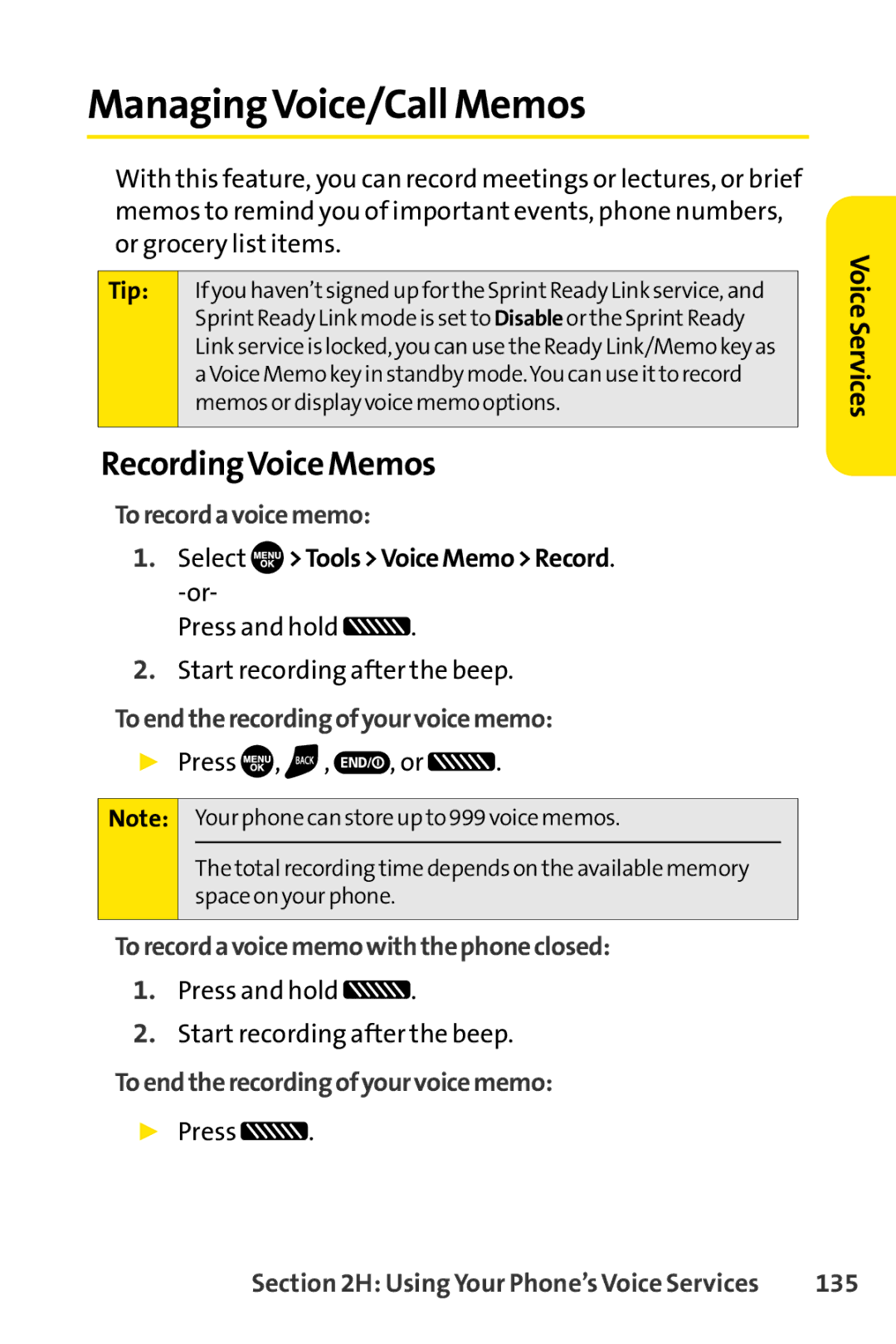 Sprint Nextel SCP-7050 manual ManagingVoice/Call Memos, RecordingVoice Memos 