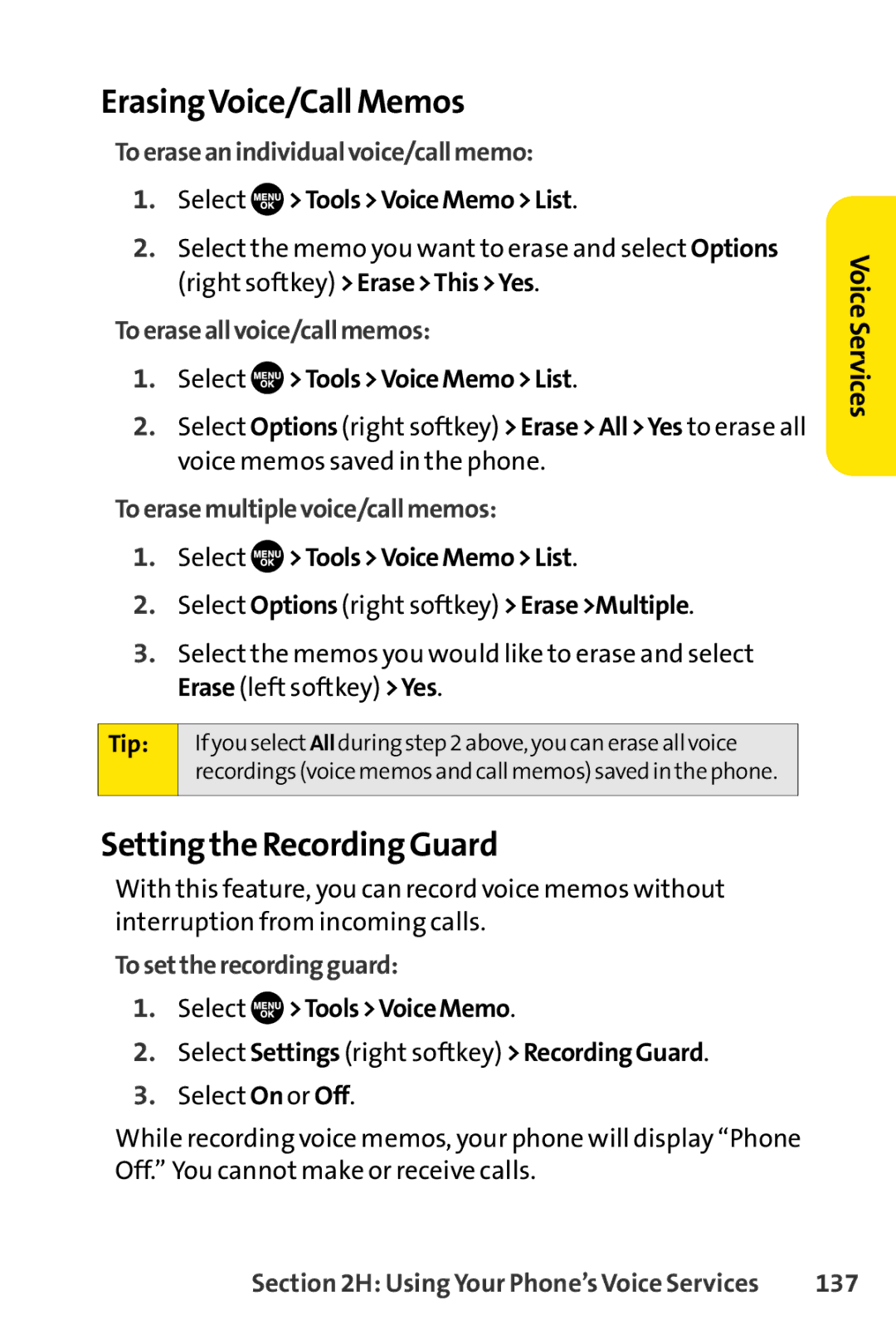 Sprint Nextel SCP-7050 manual ErasingVoice/Call Memos, Setting the Recording Guard 