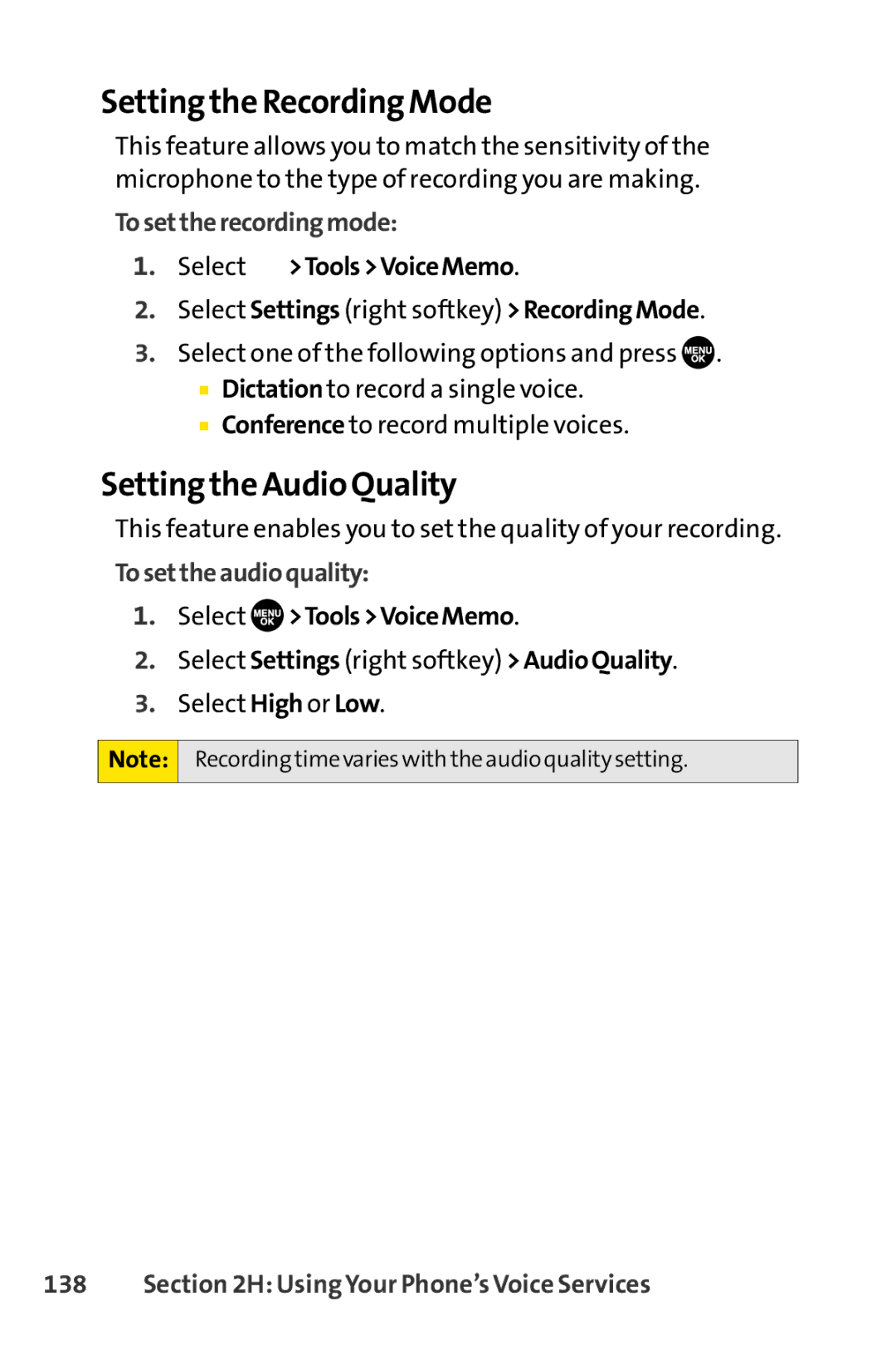 Sprint Nextel SCP-7050 Setting the Recording Mode, Setting the Audio Quality, Tosettherecordingmode, Tosettheaudioquality 