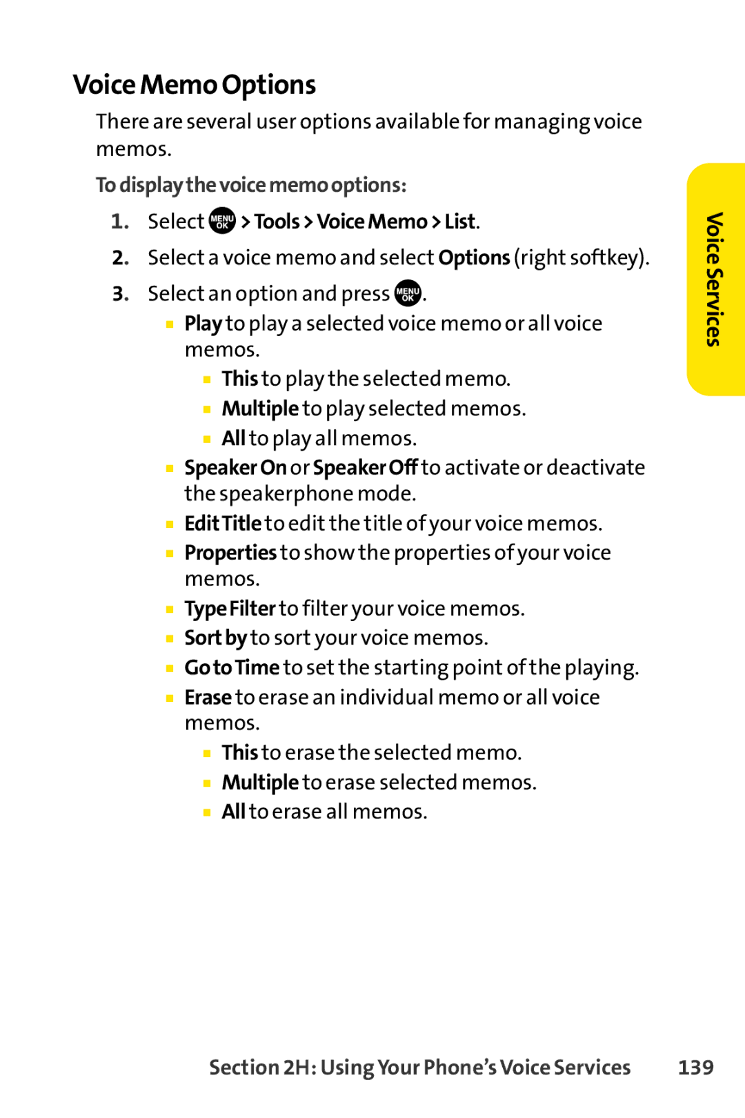 Sprint Nextel SCP-7050 manual Voice Memo Options, Todisplaythevoicememooptions, 139 