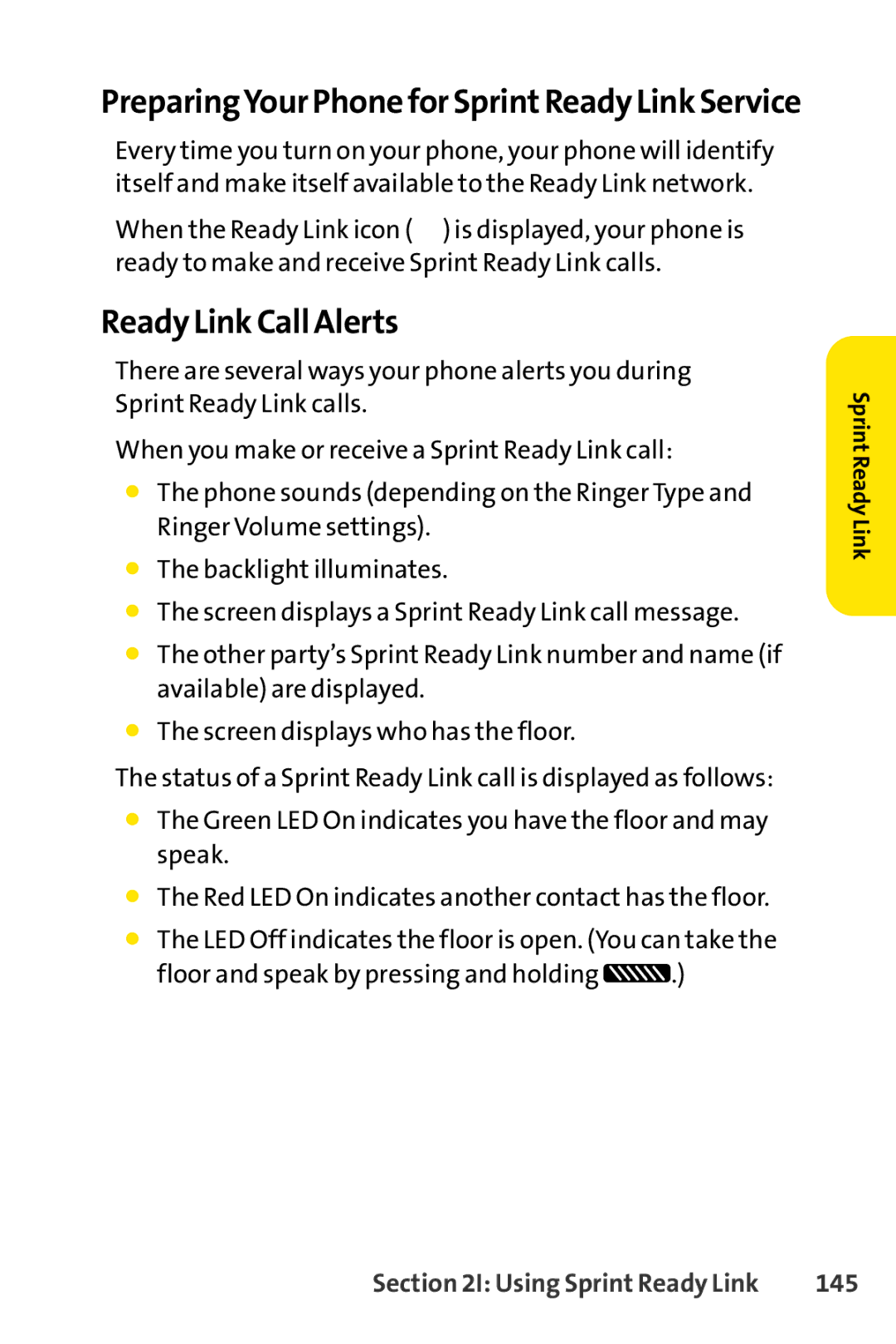 Sprint Nextel SCP-7050 manual Ready Link Call Alerts, PreparingYour Phone for SprintReady Link Service, 145 