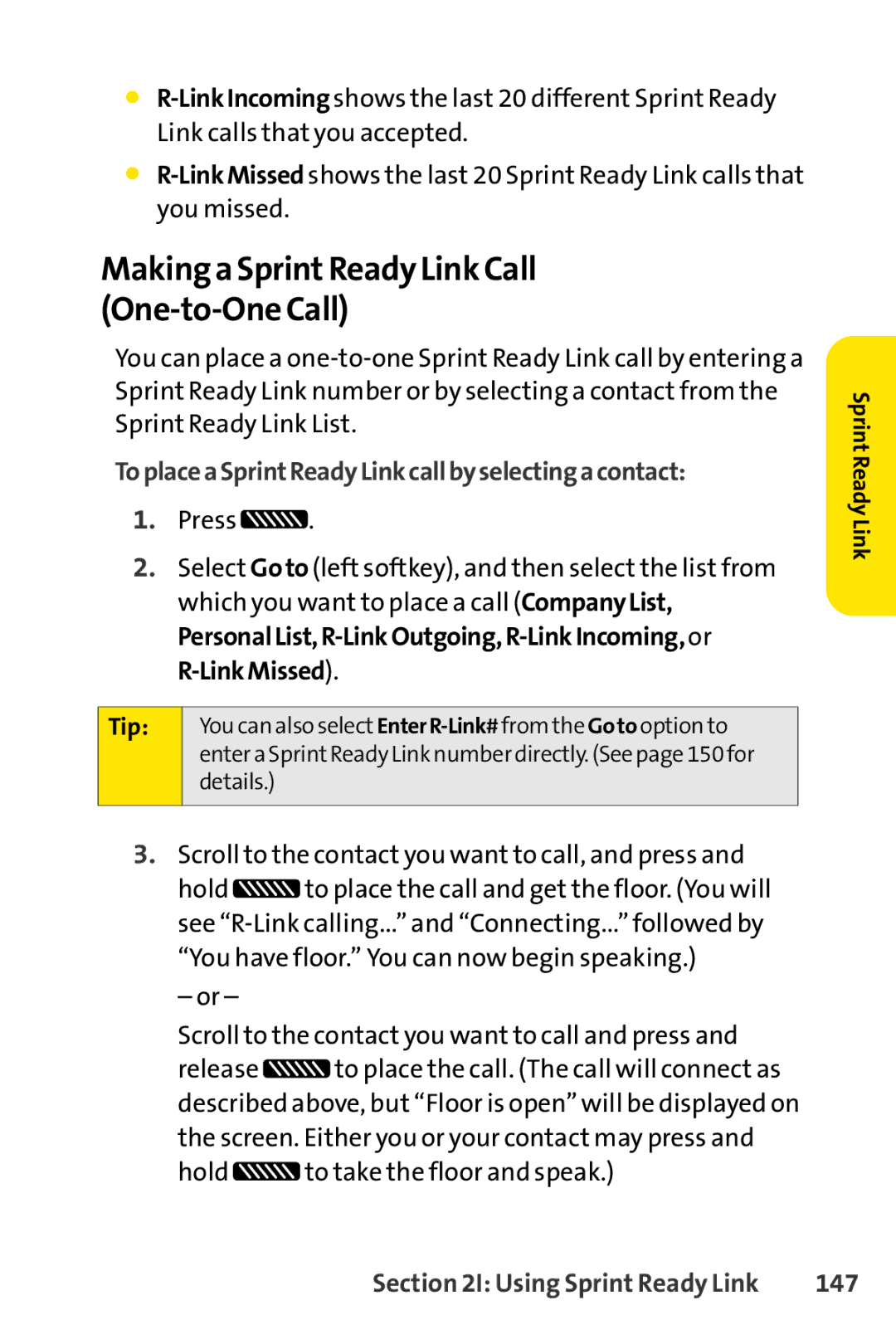 Sprint Nextel SCP-7050 Making a SprintReady Link Call One-to-One Call, ToplaceaSprintReadyLinkcallbyselectingacontact, 147 