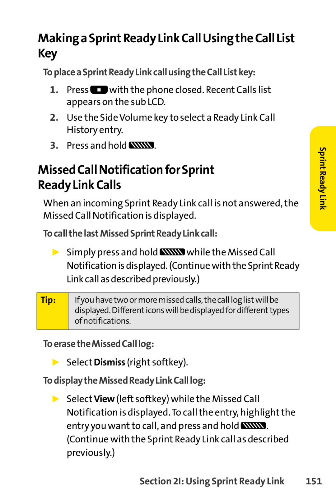 Sprint Nextel SCP-7050 manual Making a SprintReady Link Call Using the Call List Key 