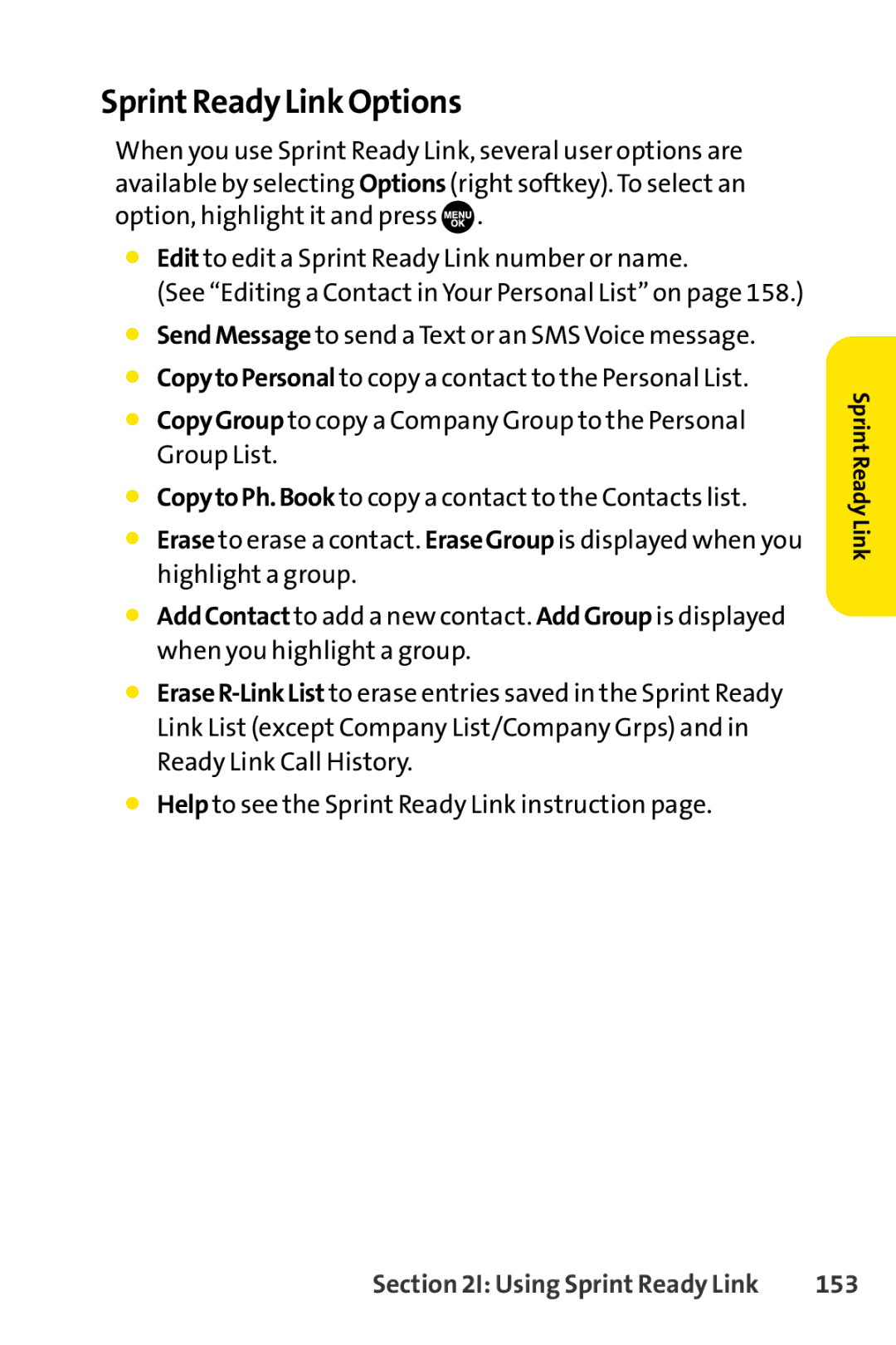 Sprint Nextel SCP-7050 manual Sprint Ready Link Options, 153 