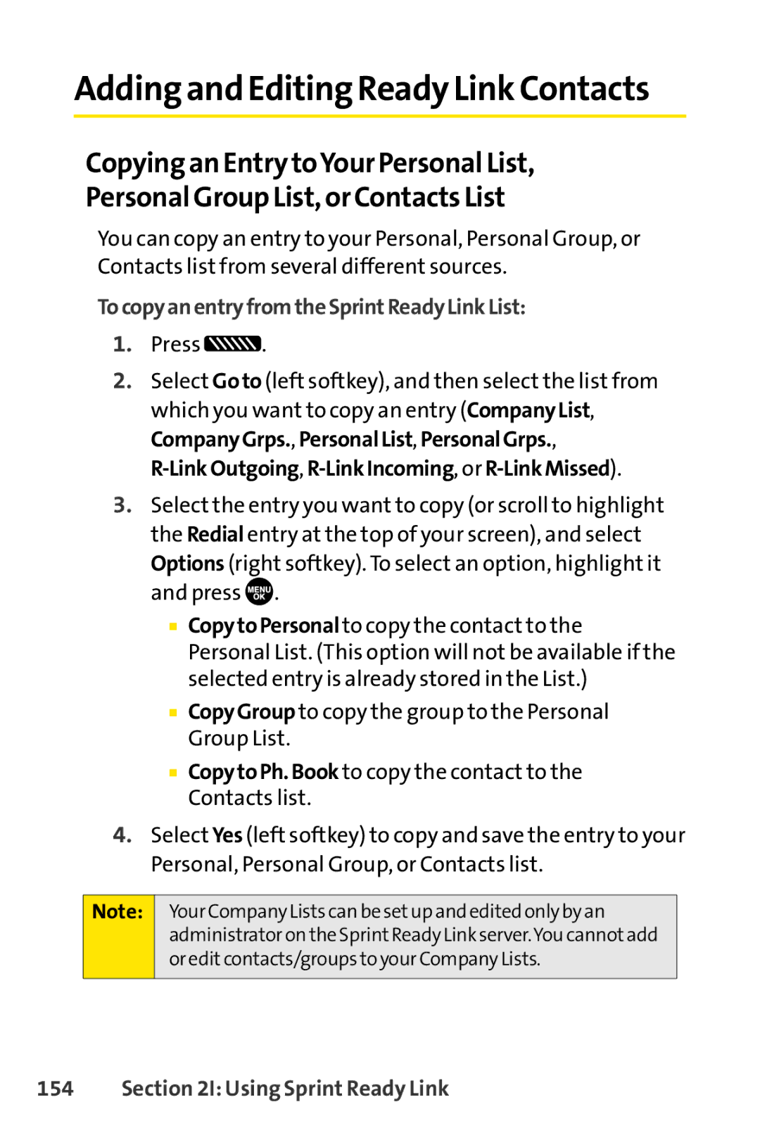 Sprint Nextel SCP-7050 manual Adding and Editing Ready Link Contacts, TocopyanentryfromtheSprintReadyLinkList 