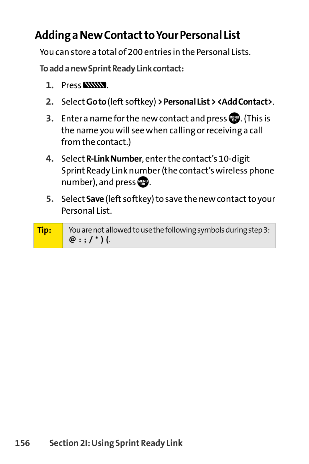 Sprint Nextel SCP-7050 manual Adding a New Contact toYour Personal List, To add a new SprintReady Link contact 