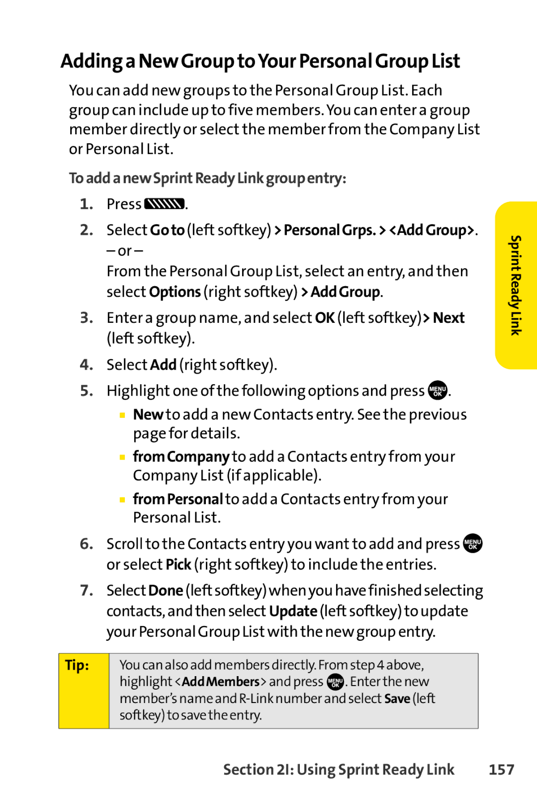 Sprint Nextel SCP-7050 manual Adding a New Group toYour Personal Group List, ToaddanewSprintReadyLinkgroupentry, 157 