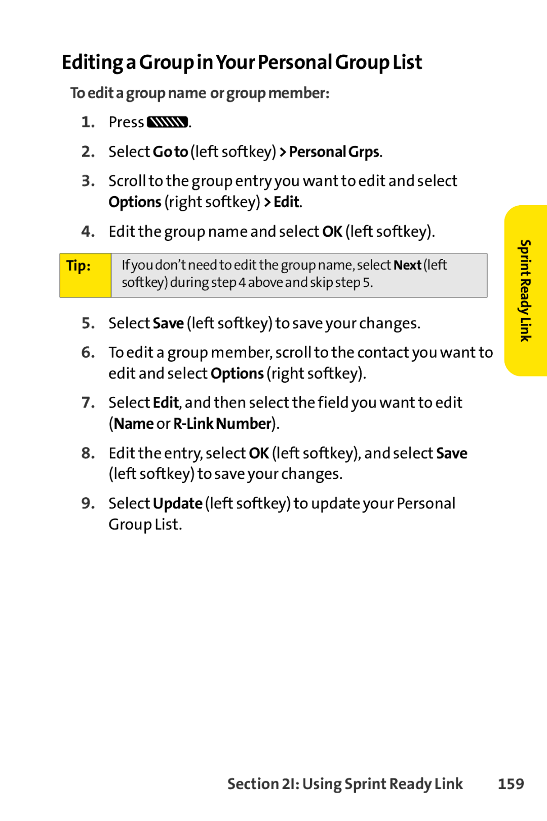 Sprint Nextel SCP-7050 manual Editing a Group inYour Personal Group List, Toeditagroupname orgroupmember, 159 