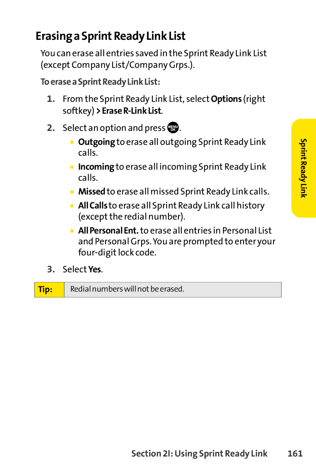 Sprint Nextel SCP-7050 manual Erasing a SprintReady Link List, ToeraseaSprintReadyLinkList, 161 