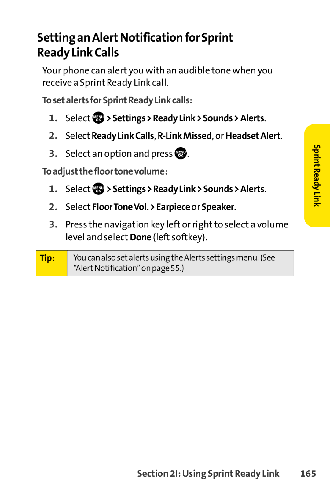 Sprint Nextel SCP-7050 Setting an AlertNotification for Sprint Ready Link Calls, TosetalertsforSprintReadyLinkcalls, 165 