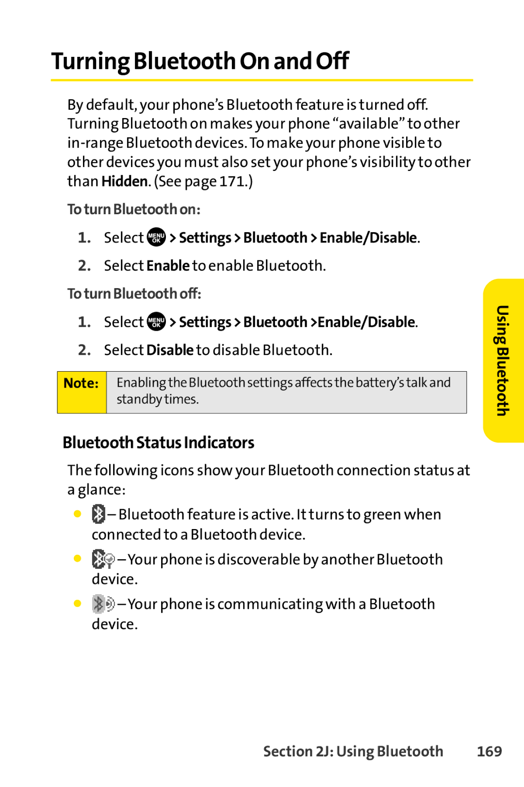 Sprint Nextel SCP-7050 Turning Bluetooth On and Off, BluetoothStatusIndicators, ToturnBluetoothon, ToturnBluetoothoff, 169 