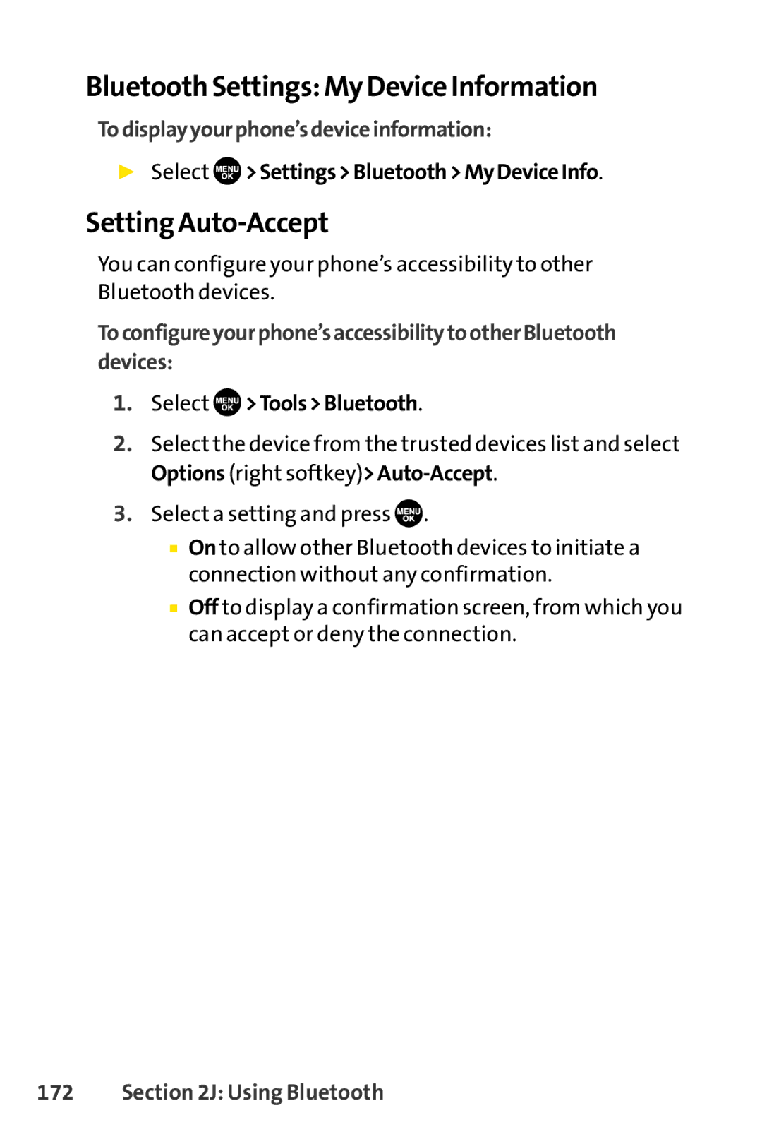 Sprint Nextel SCP-7050 manual Bluetooth Settings My Device Information, Setting Auto-Accept, Select Tools Bluetooth 