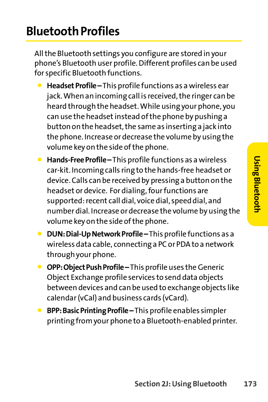 Sprint Nextel SCP-7050 manual Bluetooth Profiles, 173 