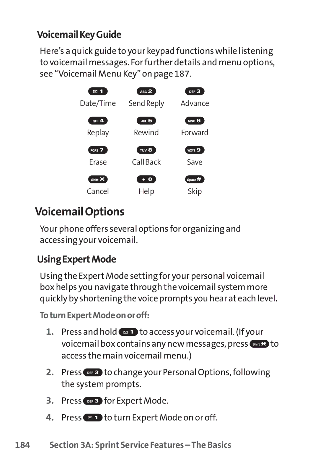 Sprint Nextel SCP-7050 manual Voicemail Options, VoicemailKeyGuide, UsingExpertMode, ToturnExpertModeonoroff 