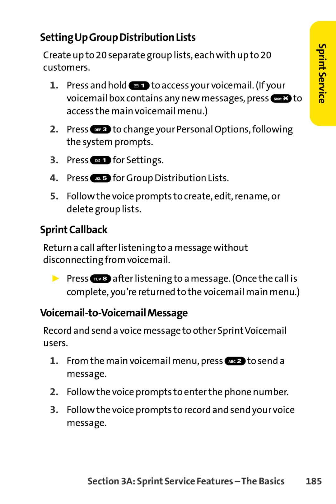 Sprint Nextel SCP-7050 manual SettingUpGroupDistributionLists, SprintCallback, Voicemail-to-VoicemailMessage, 185 