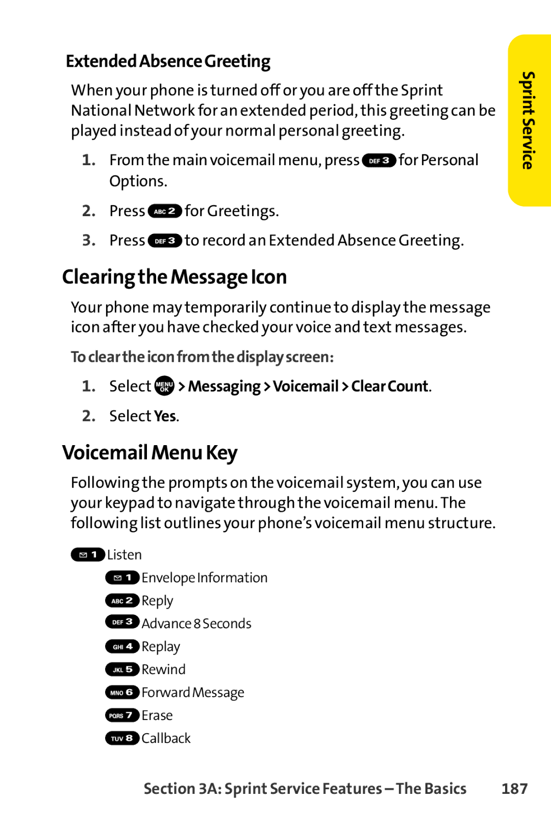 Sprint Nextel SCP-7050 manual Clearing the Message Icon, Voicemail Menu Key, ExtendedAbsenceGreeting, 187 