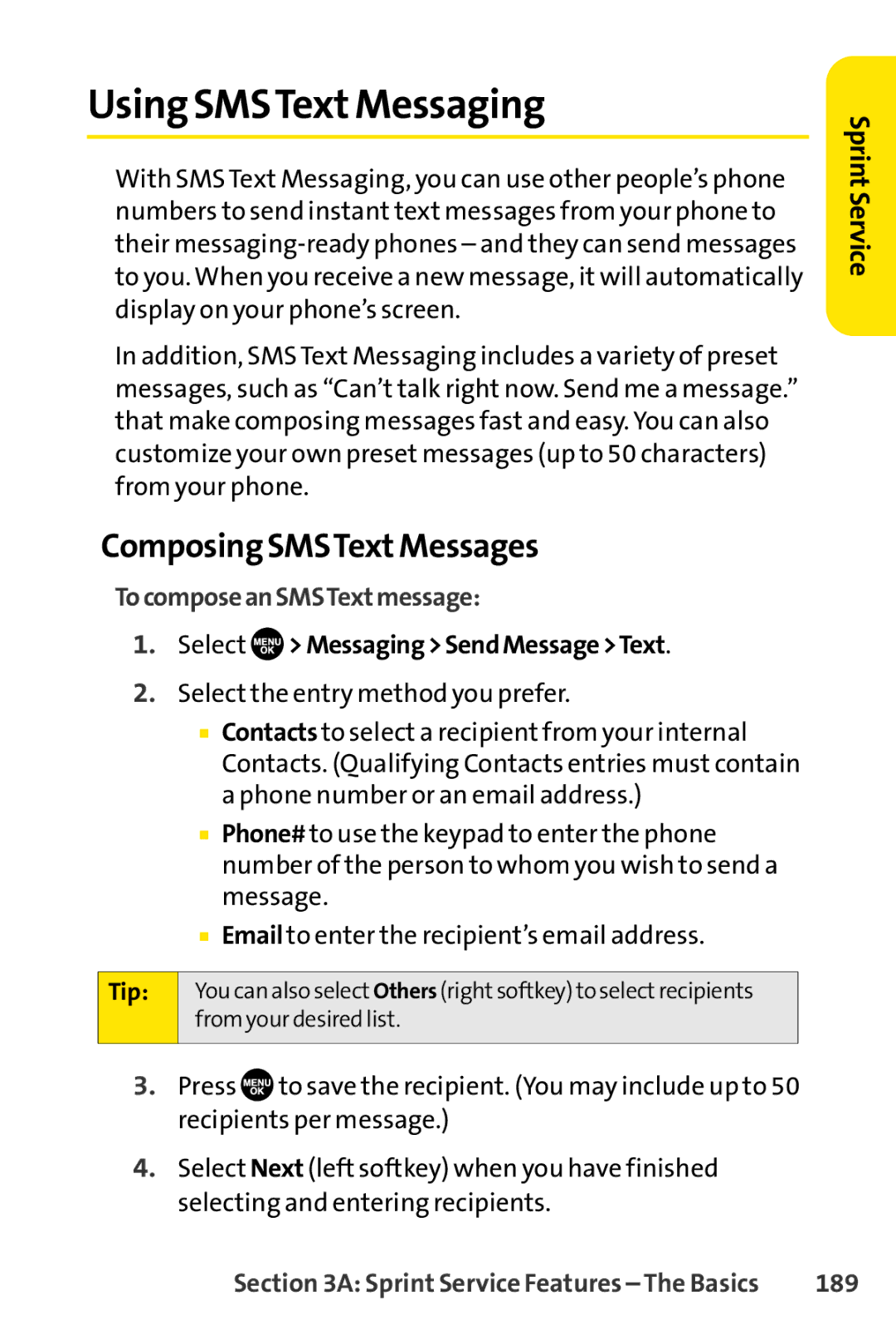 Sprint Nextel SCP-7050 manual Using SMSTextMessaging, Composing SMSTextMessages, TocomposeanSMSTextmessage, 189 