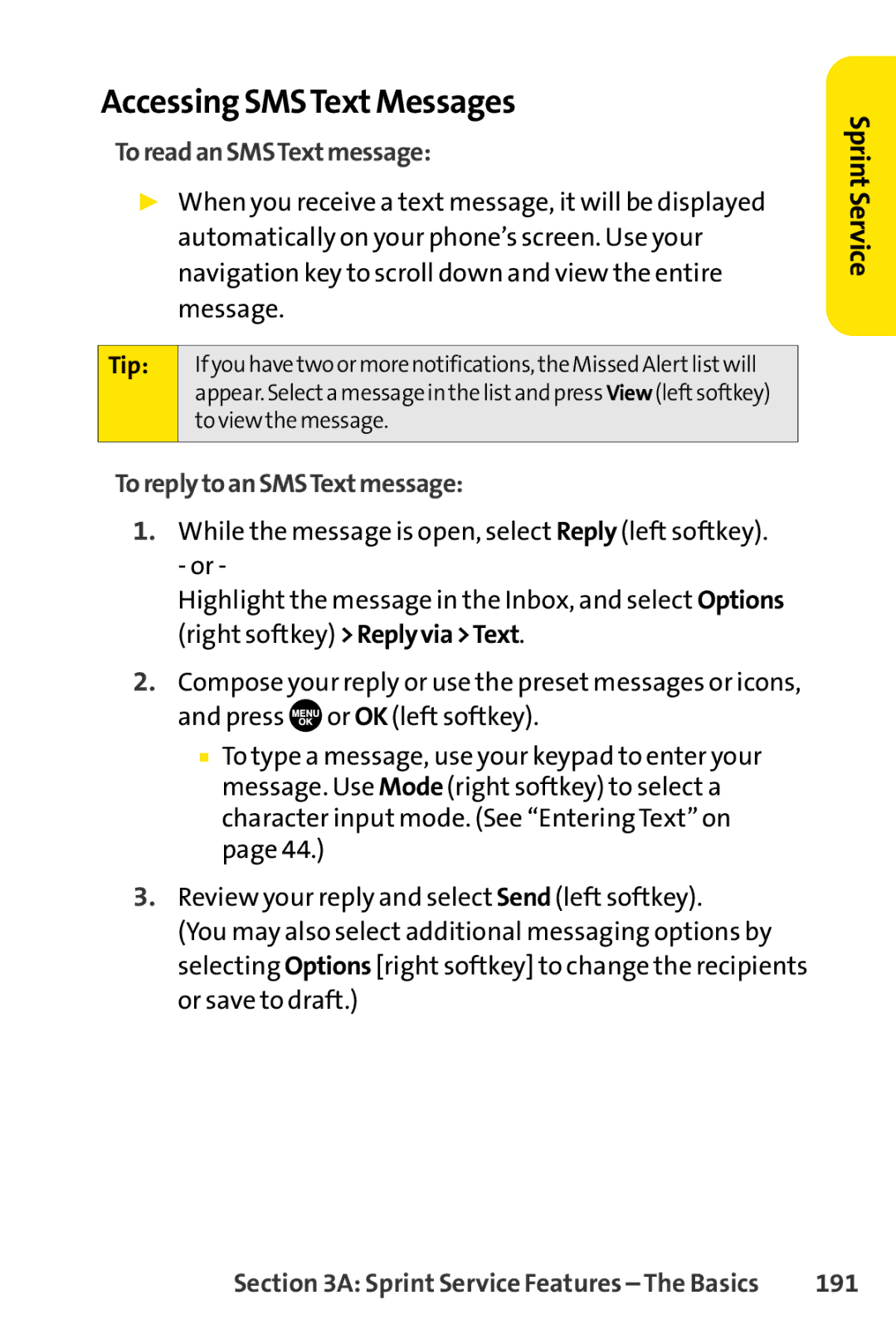 Sprint Nextel SCP-7050 manual Accessing SMSTextMessages, ToreadanSMSTextmessage, ToreplytoanSMSTextmessage, 191 