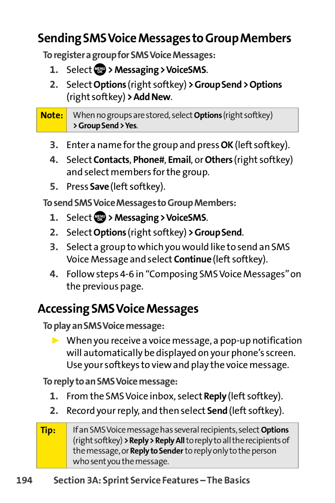 Sprint Nextel SCP-7050 manual Accessing SMSVoice Messages, Sending SMSVoice Messages to Group Members 